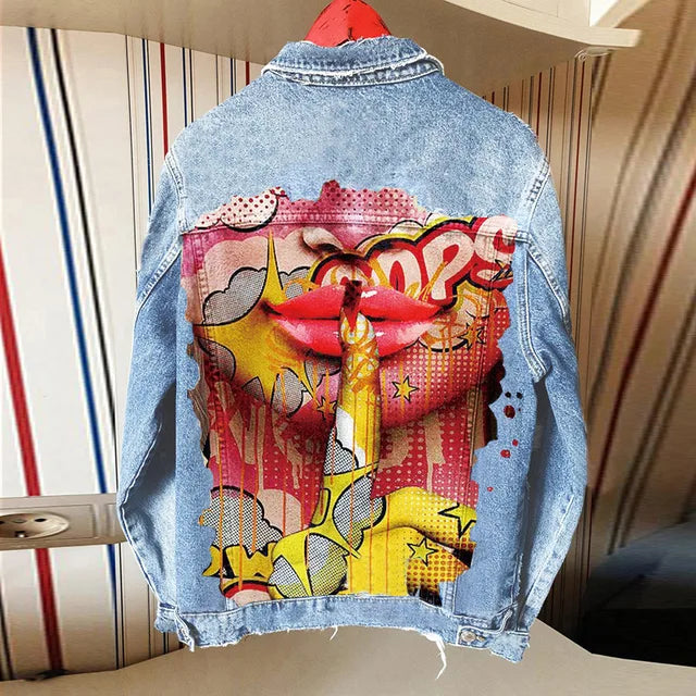 Women's Autumn Street Style Denim Jacket with Tongue Out Print