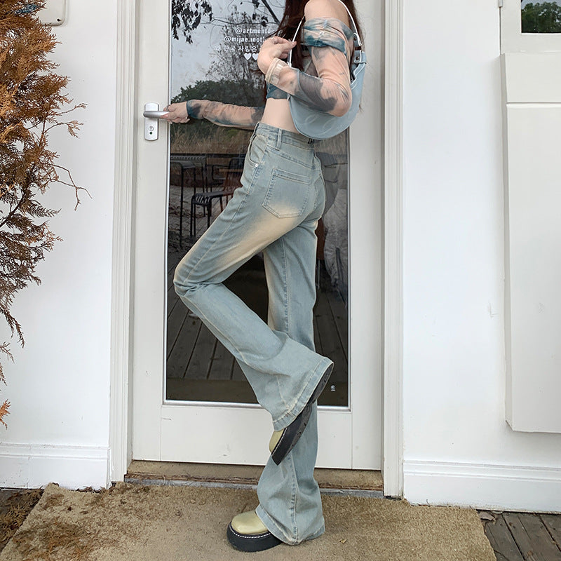 Women's High-Waisted Slim Fit Washed Micro Flare Denim Pants