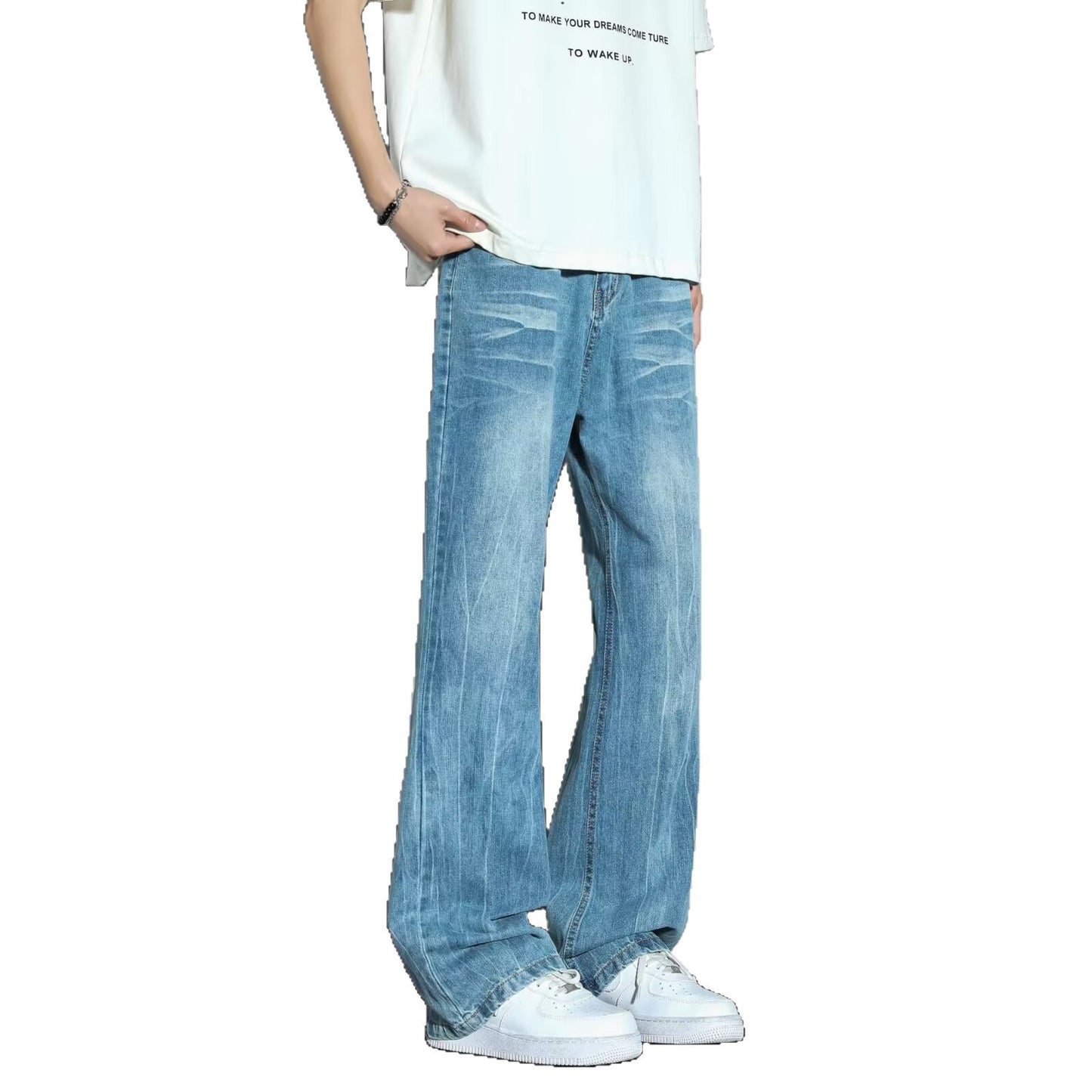 Men's Casual Straight Loose Wide Leg Pants - Blue Denim