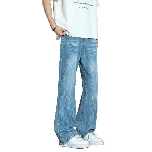 Men's Casual Straight Loose Wide Leg Pants - Blue Denim