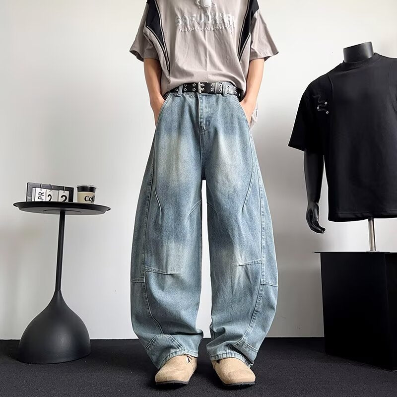 Casual Patchwork Washed Leather Loose Straight Leg Pants