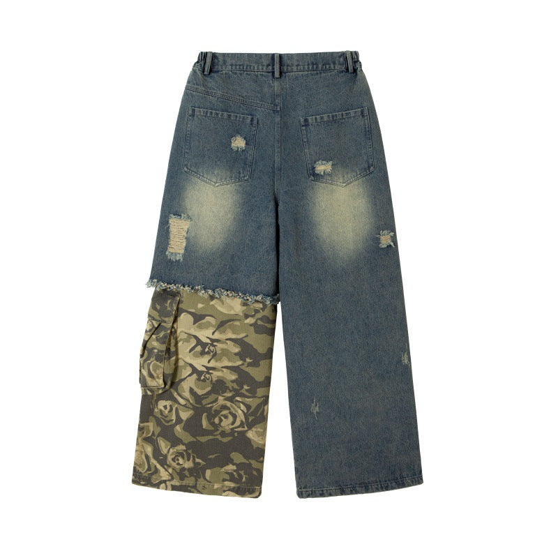 Wear Out Pendant Camouflage Spliced Straight Leg Jeans