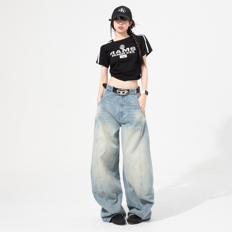 Retro Loose Scythe Denim Pants for Women - High Waist Wide Leg Trousers
