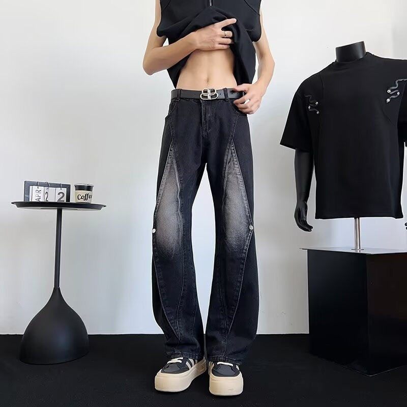 Small Niche Patchwork Design Washed Loose Wide Leg Pants