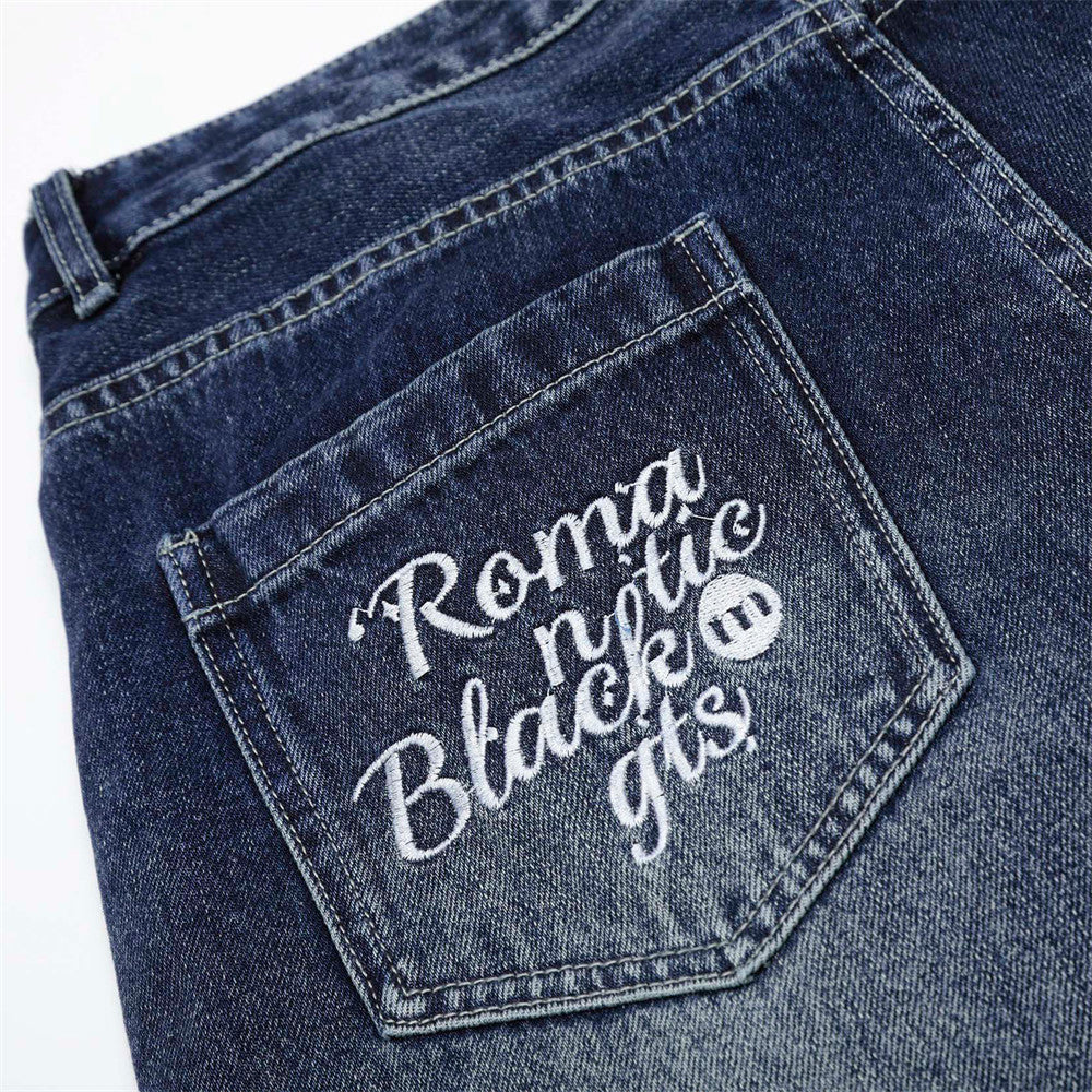 Street Design Floral Embroidered Denim Wide-Leg Long Pants