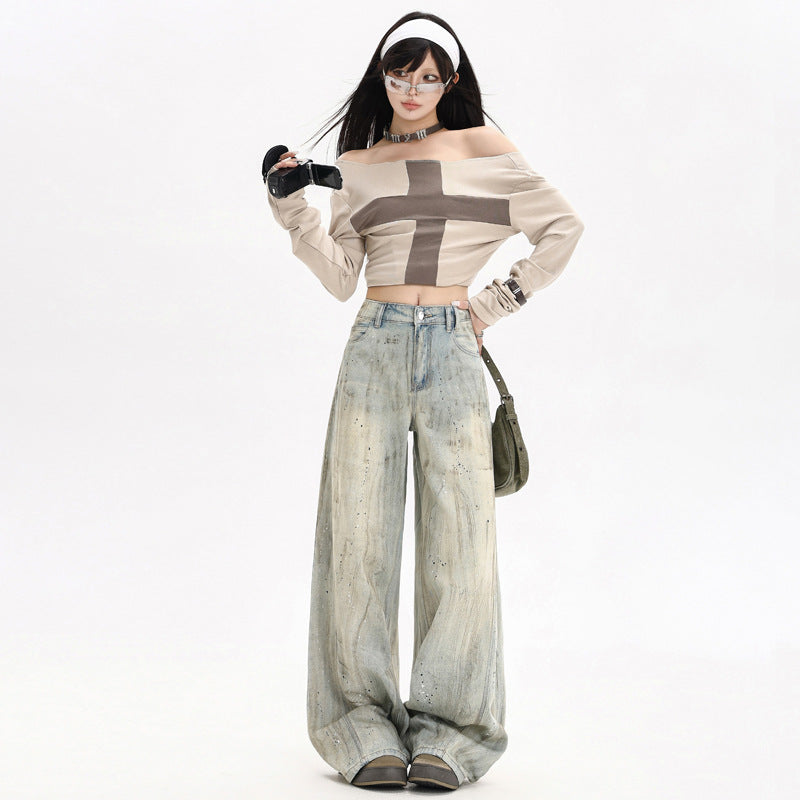 Spicy Girl Splatter Paint Graffiti Denim Pants for Women - Loose Slim High Waist Distressed Wide Leg Trousers