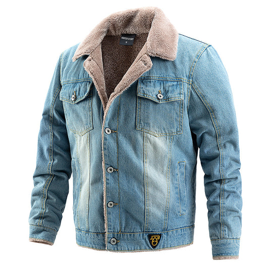 Men's Thick Plush Denim Jacket for Casual Wear