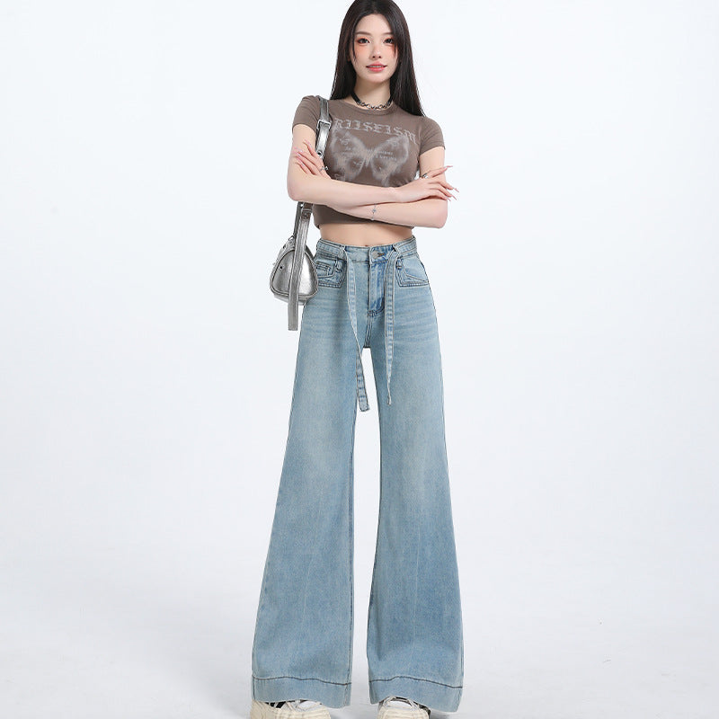 Wide-Leg Flared Denim Pants for Women - Light Blue High-Waist Slimming Trousers
