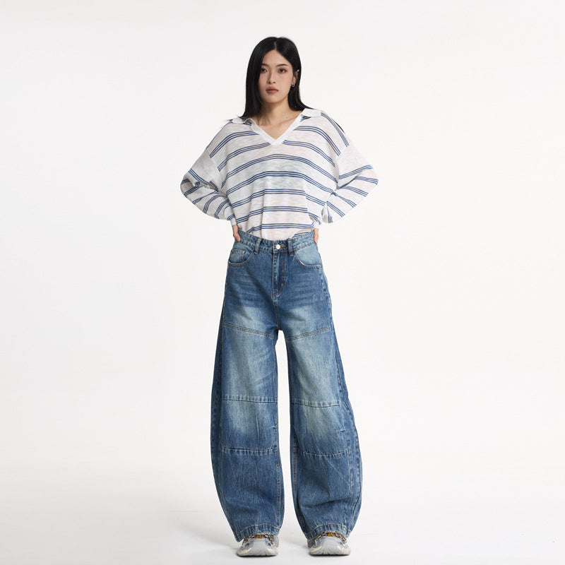 Washed Cracked Knife-Edge Denim Pants for Women - Loose Casual Wide-Leg Design