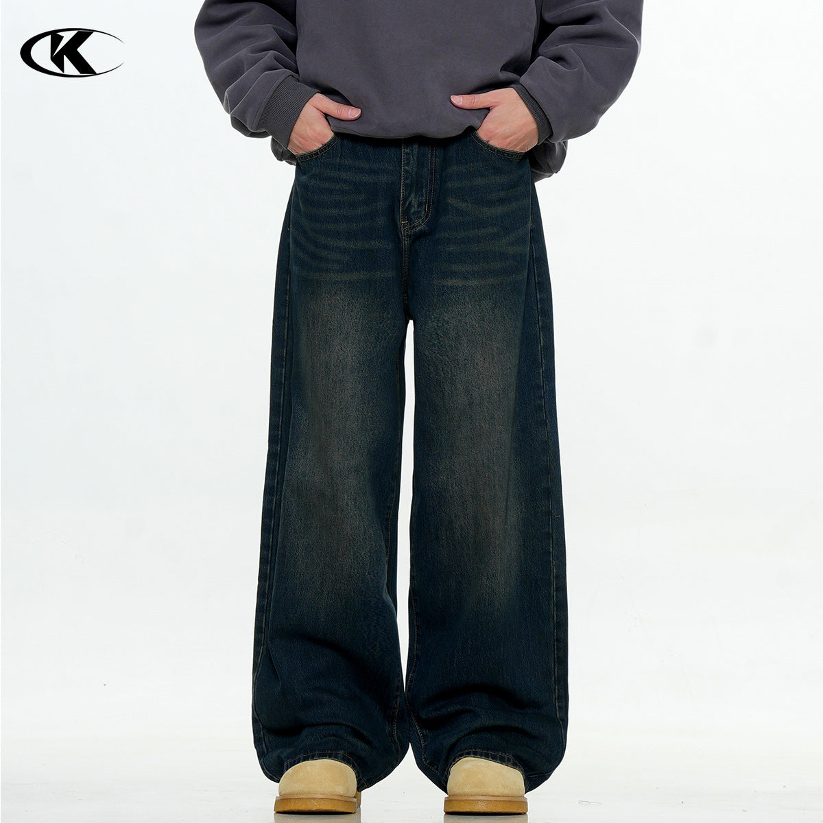 Water-Washed Distressed Loose Wide-Leg Rivet Punk Casual Long Pants