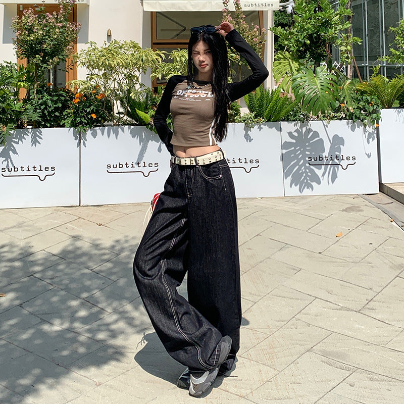 Heart Print Wide Leg Jeans - Women's High Waist Casual Pants