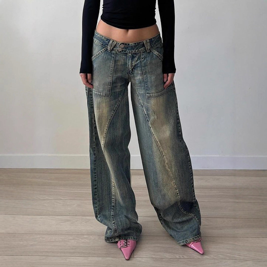 Women's Basic Washed Split Low Waist Loose Denim Pants