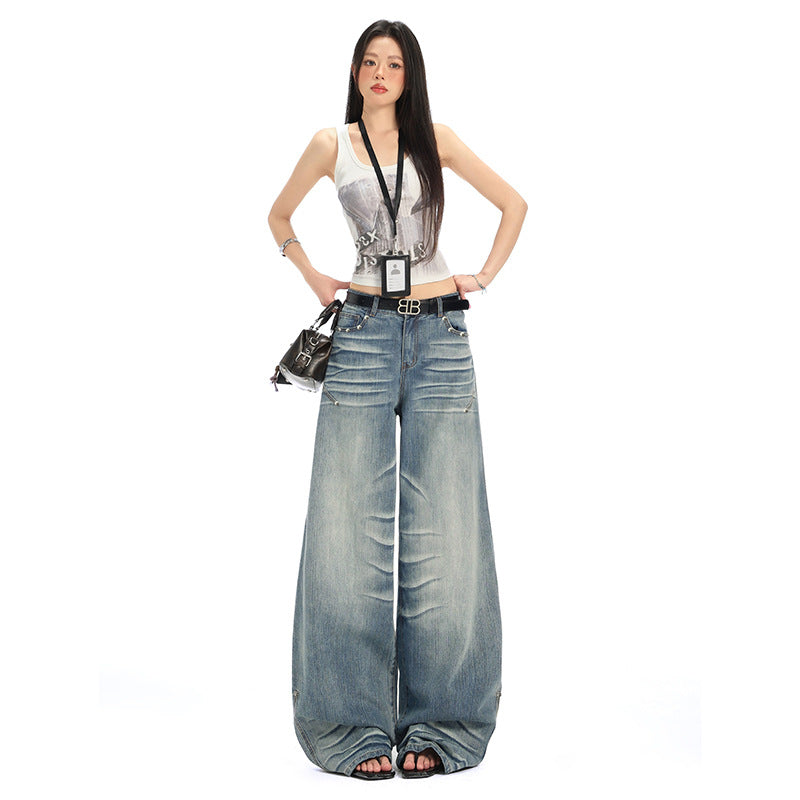 Retro Spicy Girl Washed Pleated Wide-Leg Jeans