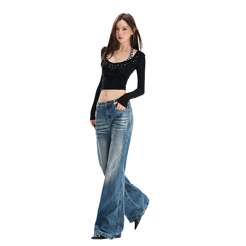 Women's Autumn Low Waist Washed Drape Straight Trumpet Pants