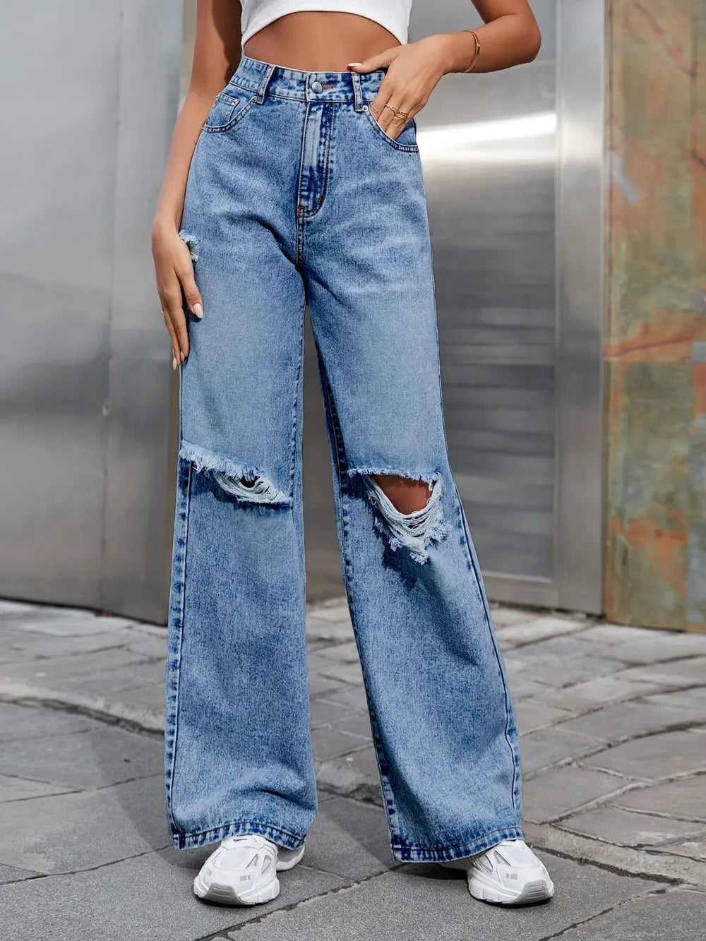 Distressed Wide Leg Jeans with Pockets - Premium Japanese Denim