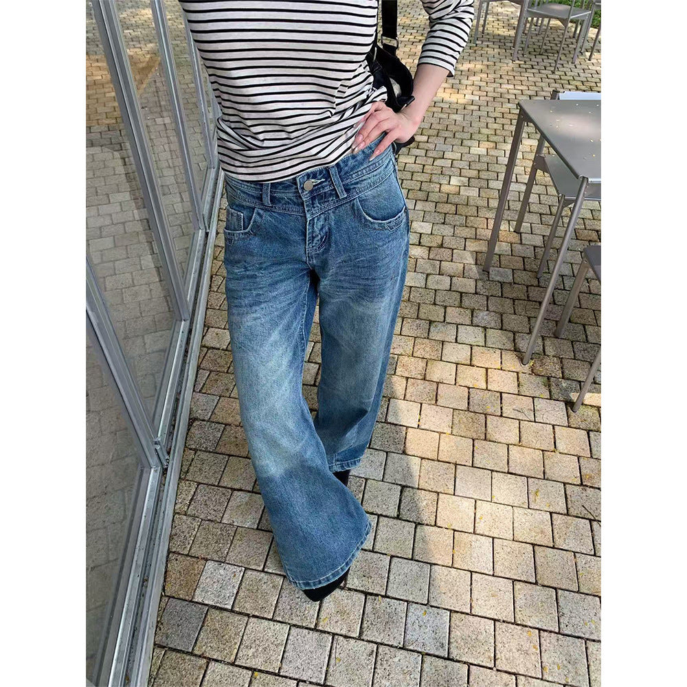Double Waist Design Jeans Women's Flared Long Pants with Grab Pattern