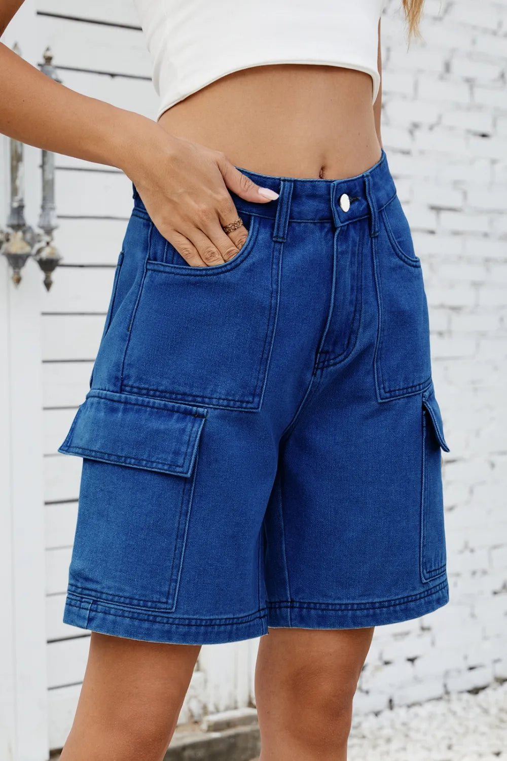 High Rise Denim Shorts with Cargo Pockets
