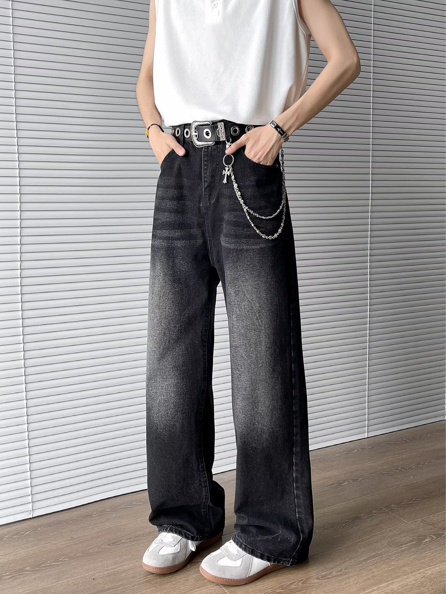 Washed Curved Knife Denim Straight Leg Slightly Flared Wide Leg Pants
