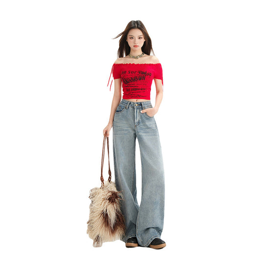 Women's Wide Leg Jeans - Loose Drape Washed Straight Leg Floor Length Pants