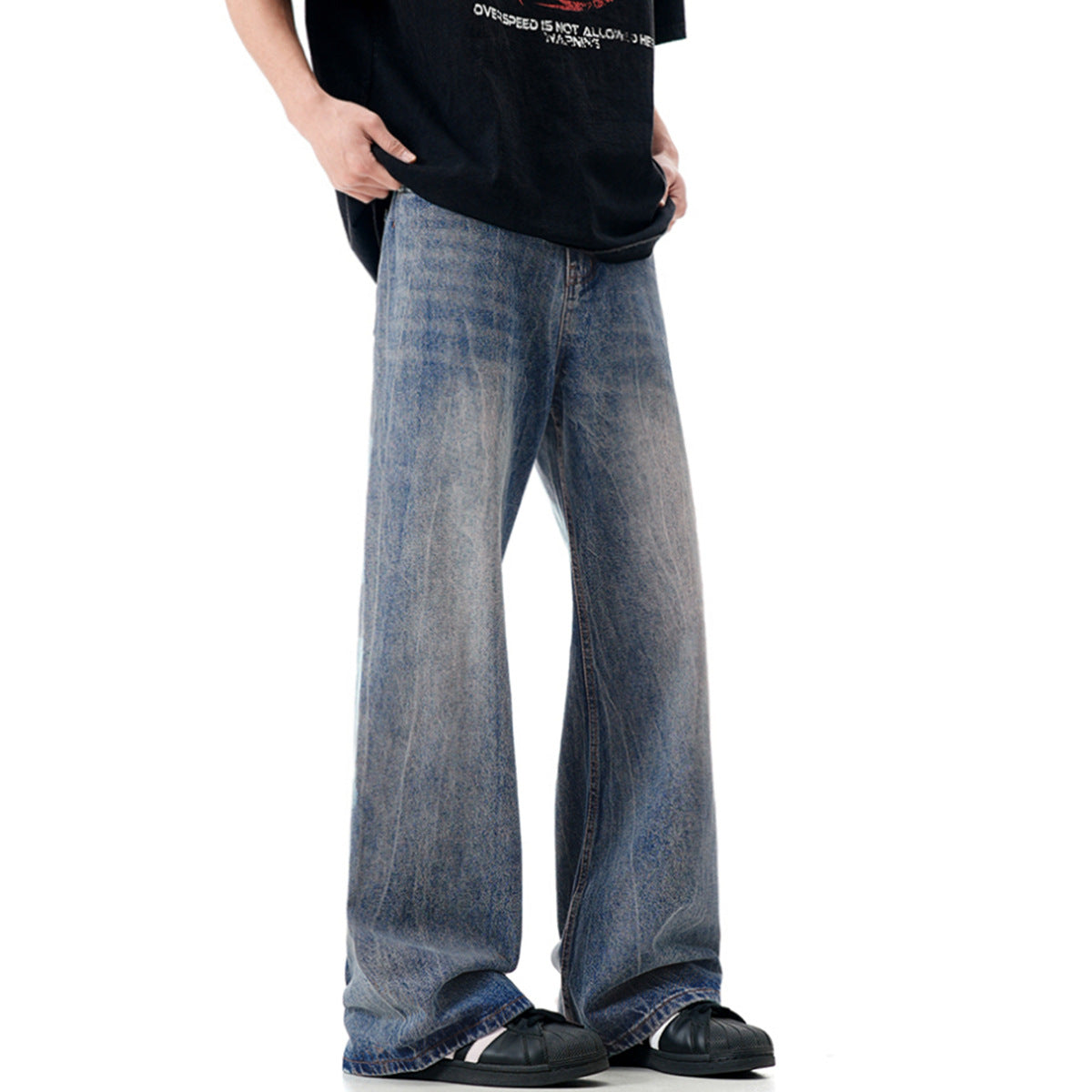 Blue Flared Denim Pants for Men and Women - Simple Clean Fit with Gathered Loose Straight Leg