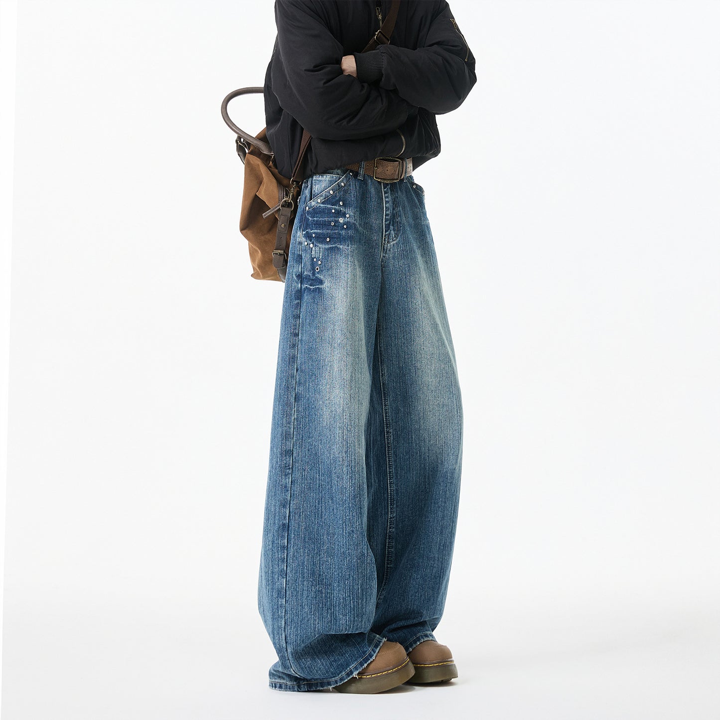 Retro Washed Denim Men's Straight Leg Loose Rivet Pants