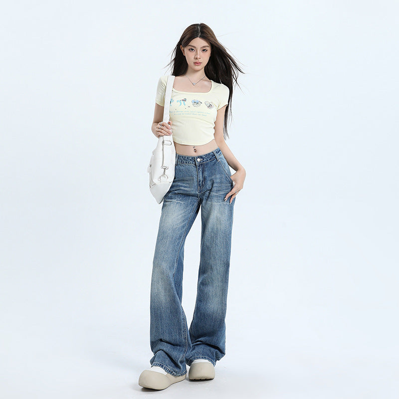 Women's Low Waist Flared Jeans with Cracked Design Long Pants