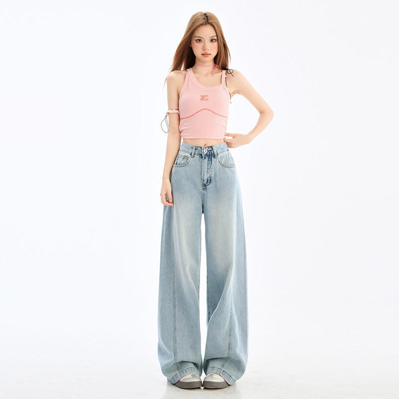 Vintage High-Waisted Wide-Leg Jeans for Women - Loose and Slimming Full-Length Straight Pants