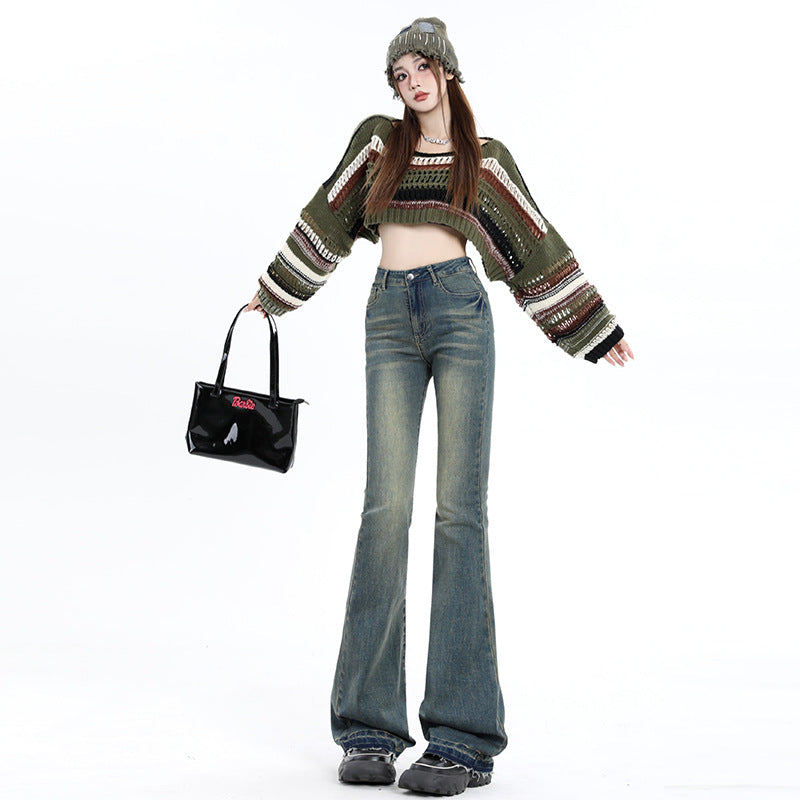 Women's Washed Flared Denim Pants with Vertical Feel Floor-Length Trousers