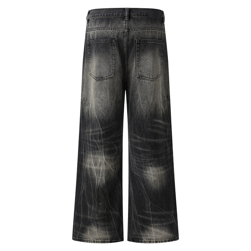 Washed Distressed Lightning Pattern Loose Vertical Flare Denim Pants Unisex