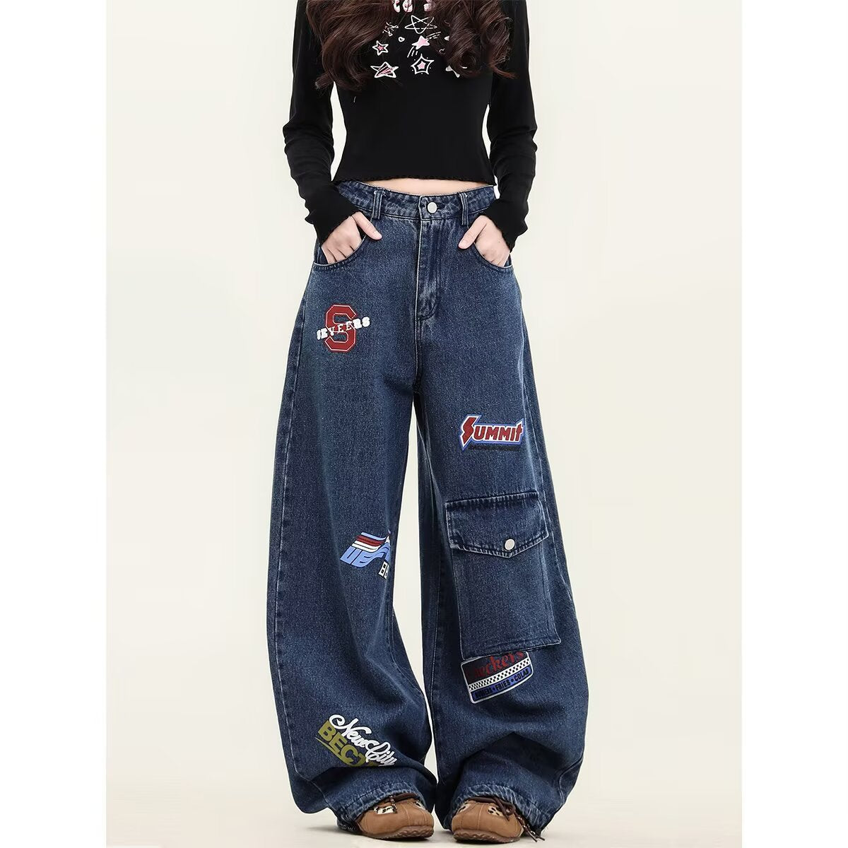 Design Sense Embroidery Patch Denim Pants - Unisex Loose Fit Multi-Pocket Trousers