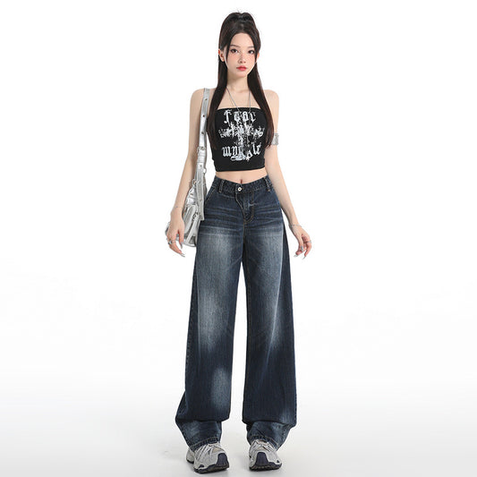 Retro Washed Cat Whisker Wide Leg Jeans for Women - Unique Vintage Design