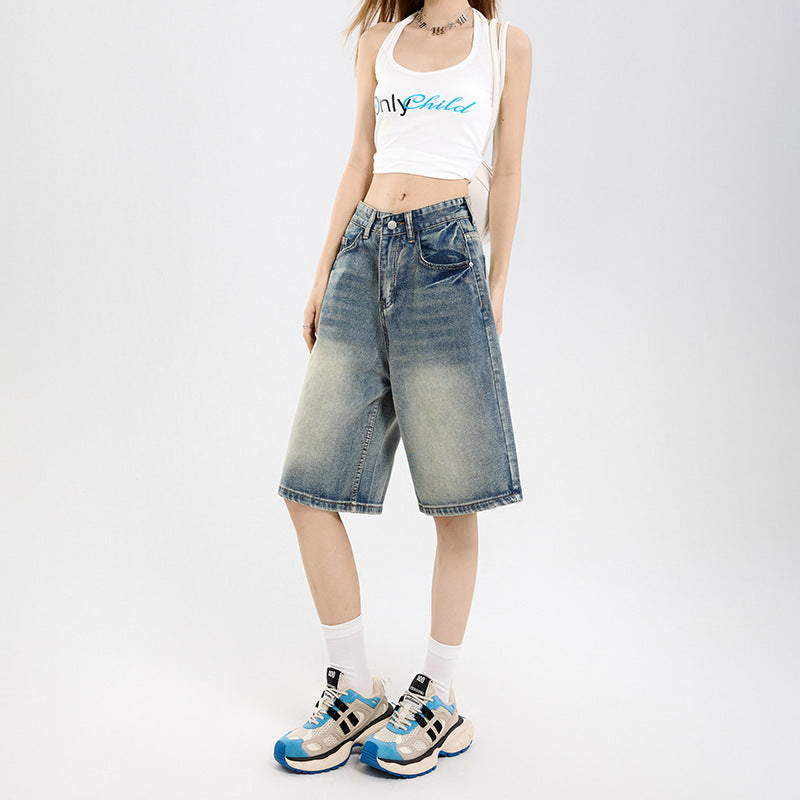 Women's Retro Denim Shorts - High Waist Slim Straight Leg Capri