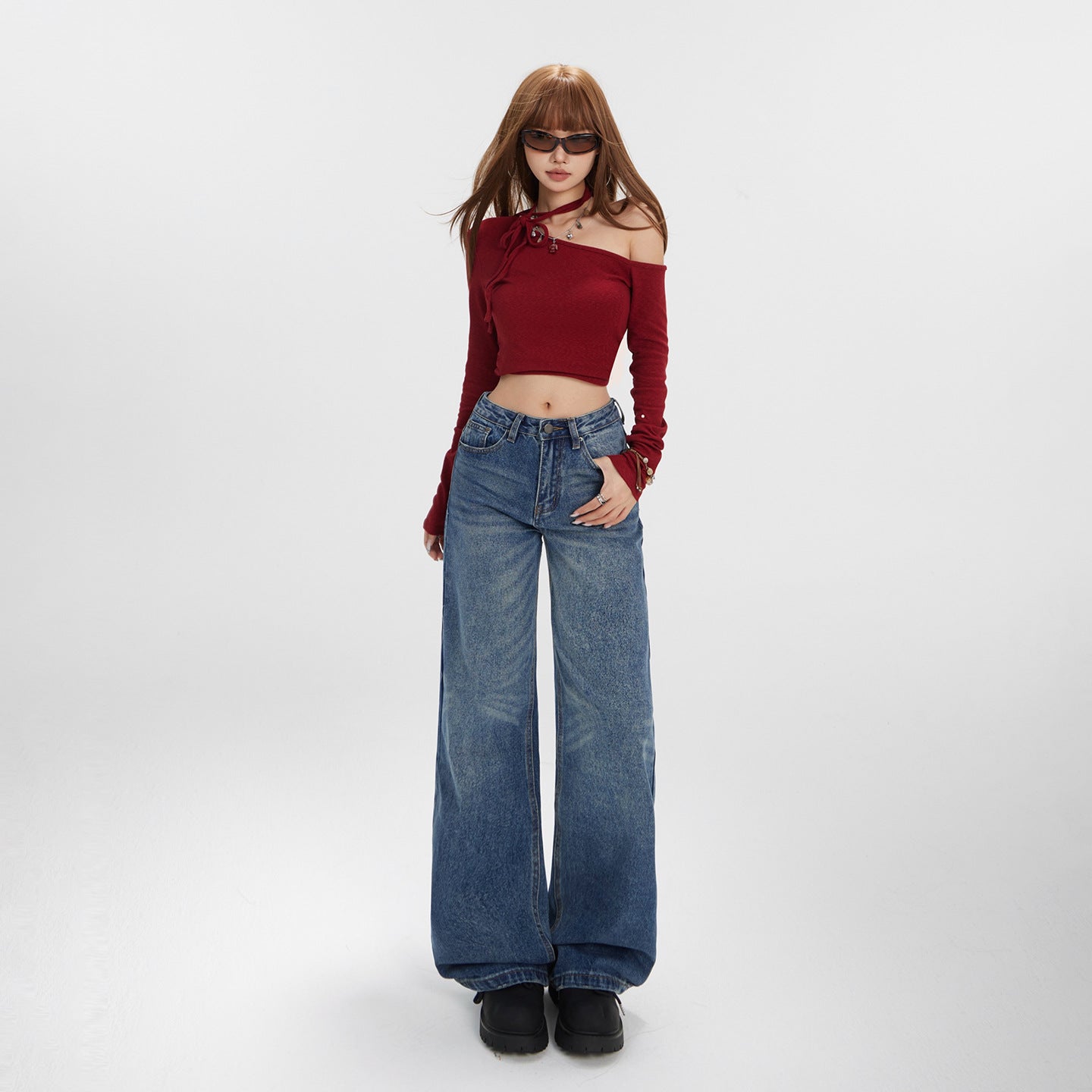 Washed Straight Leg Jeans for Women with Textured Design