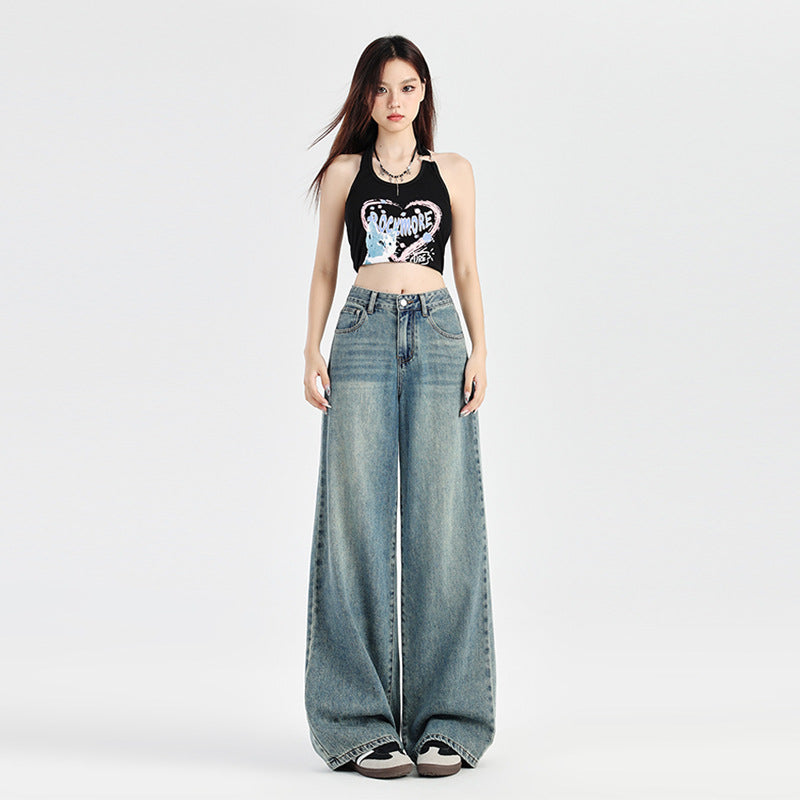 Women's Denim Pants - Straight Loose Drape Floor-Length Wide-Leg Pants