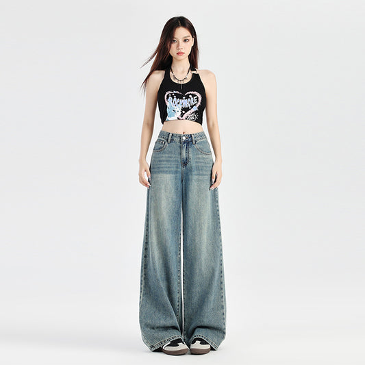 Women's Denim Pants - Straight Loose Drape Floor-Length Wide-Leg Pants