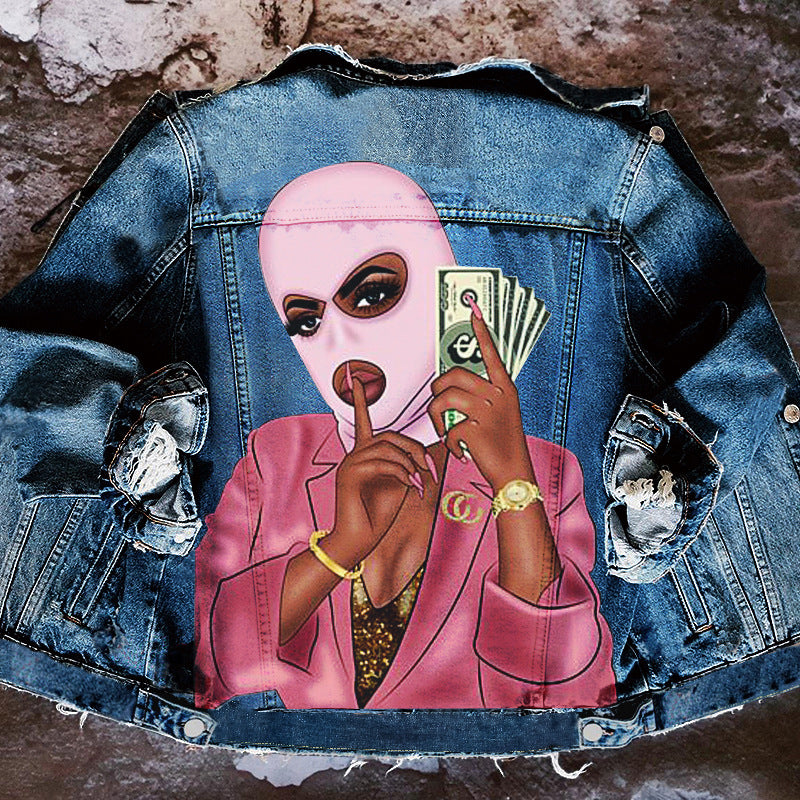 Women's Autumn Hot Selling Street Style Denim Jacket with Tongue Out Print