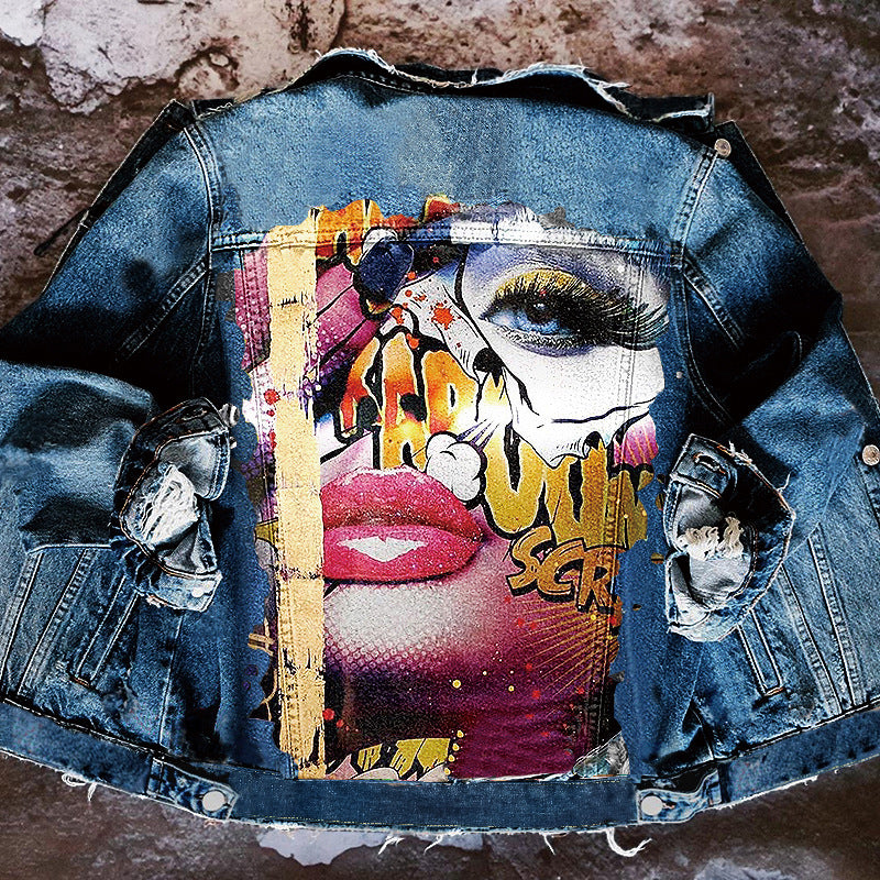 Women's Autumn Hot Selling Tongue Out Print Pattern Lapel Denim Jacket
