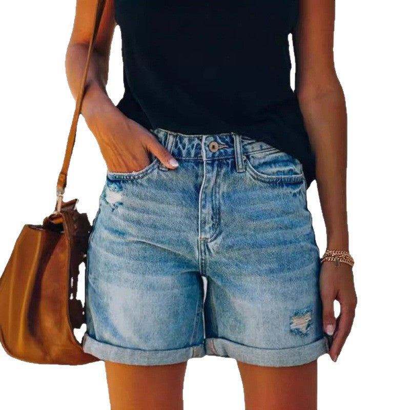 Fashion Street Style Rolled Hem Distressed Straight Leg Women's Denim Shorts