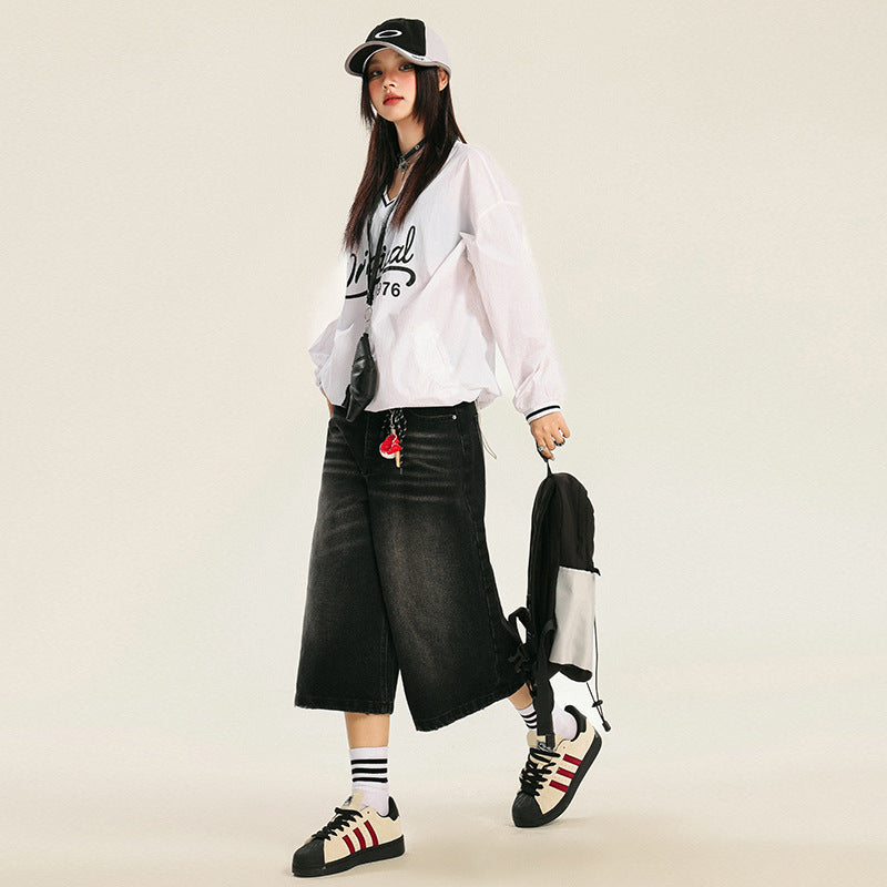 Orange Silk Women's Seven-Quarter Denim Pants - High-Waist Loose High-Street Straight Leg Trousers