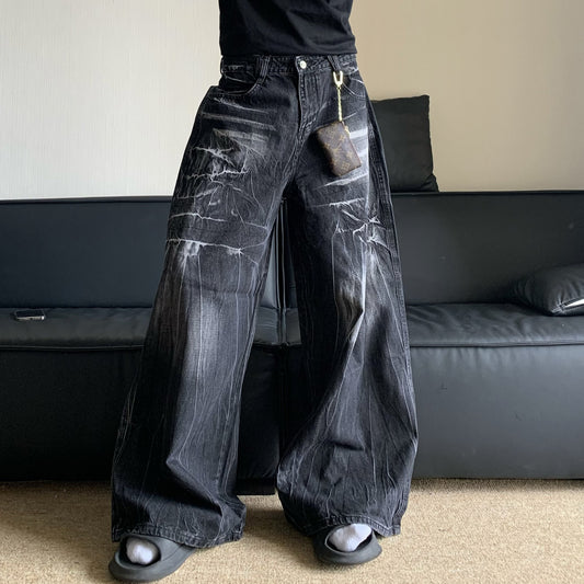 Black Lightning Pattern Jeans for Men and Women - High Street Cleanfit Wide Leg Pants