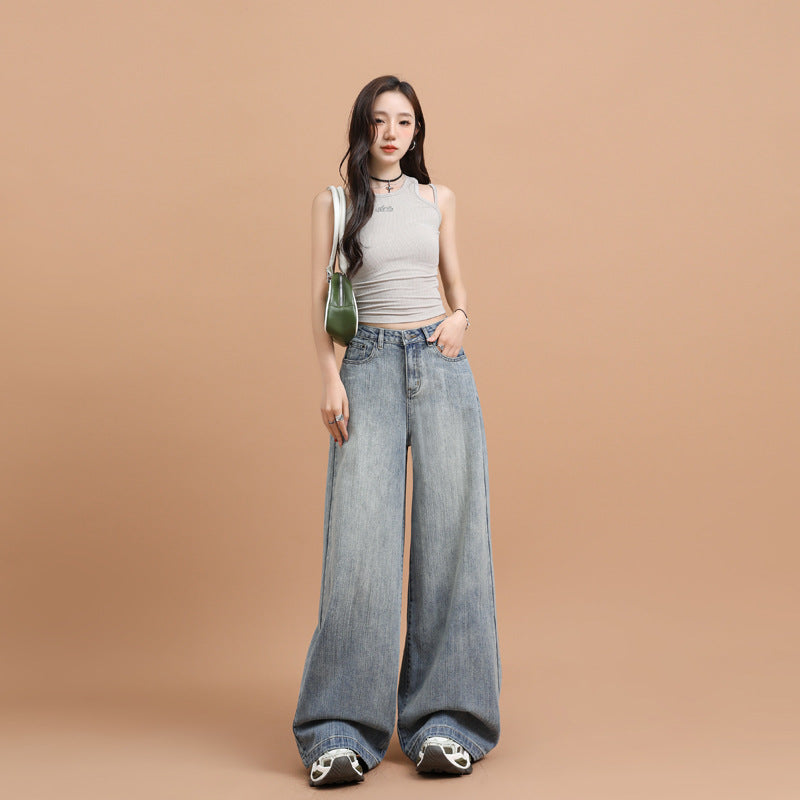 Bamboo Knot Pattern Loose Wide Leg Denim Pants for Women – Retro Straight Trousers