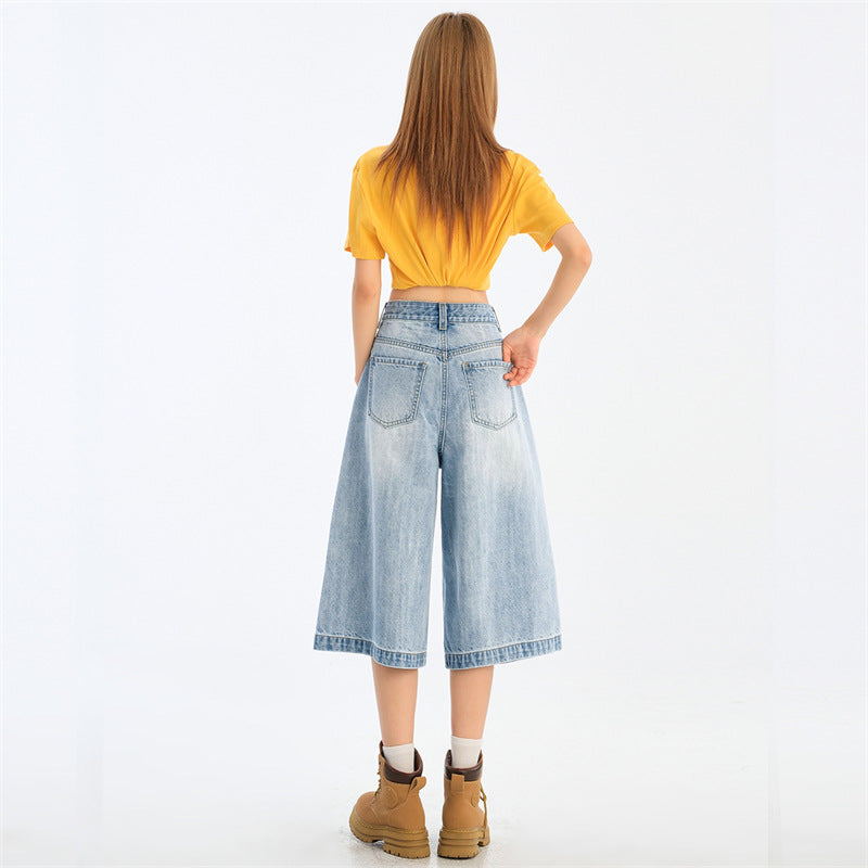 Wide-Leg Seven-Point Denim Pants for Women - High-Waist Loose Fit