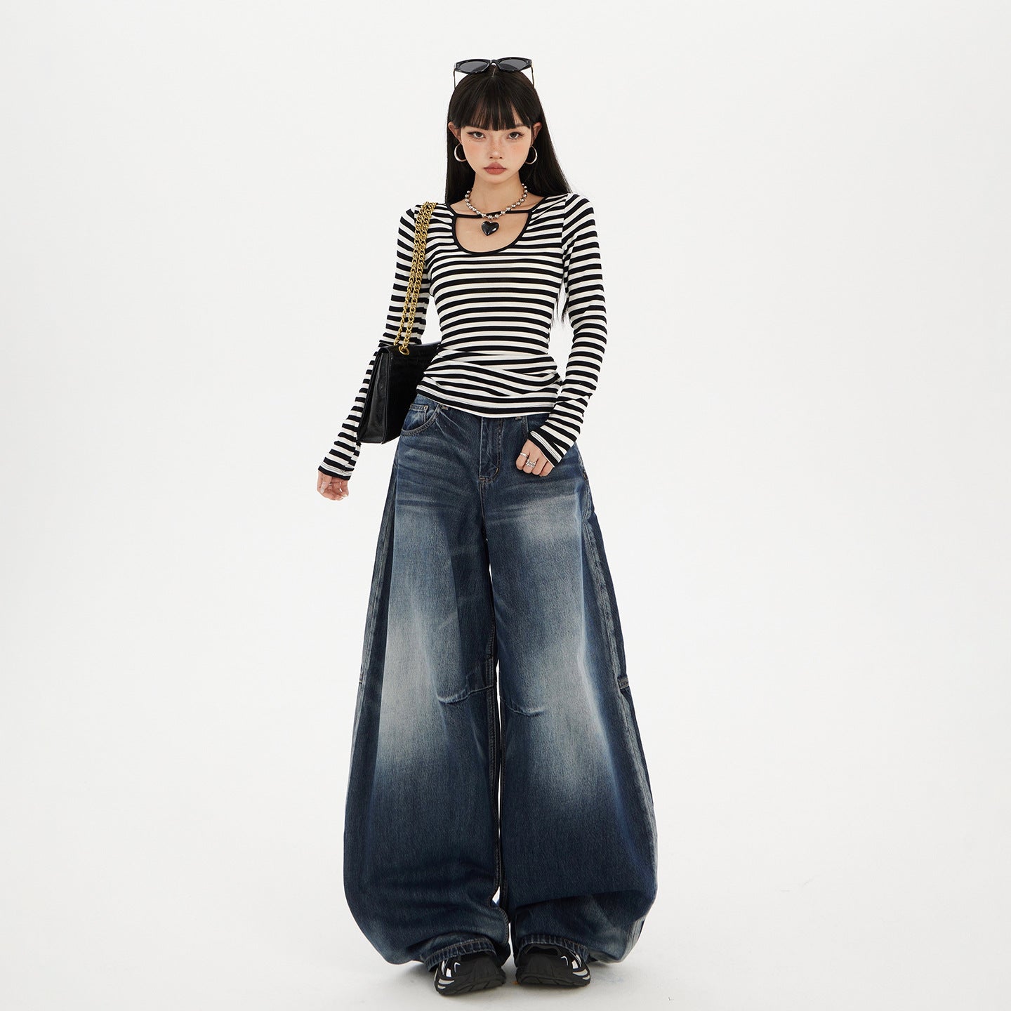 Blue Gray Wide-Leg Jeans for Women - Retro Loose Drape Straight Leg Pants