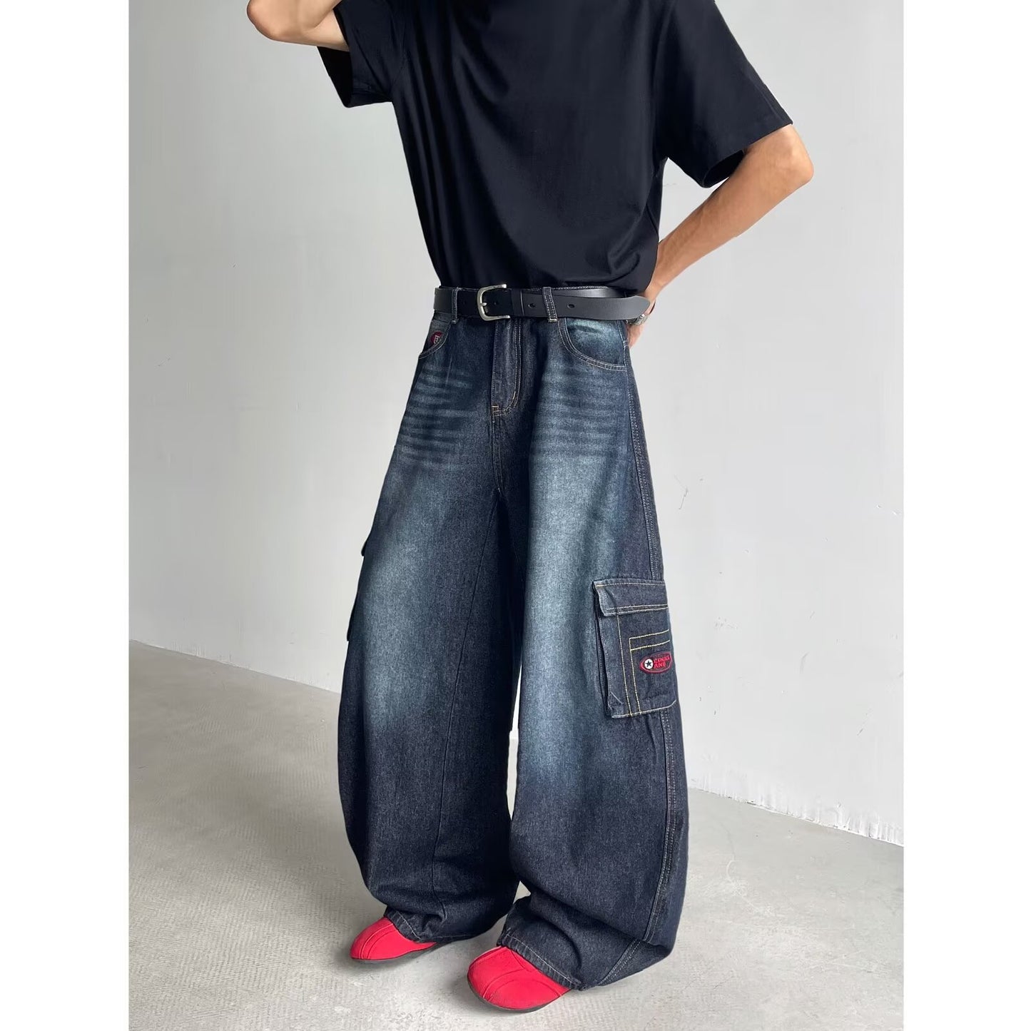 Washed Multi Pocket Workwear Denim Loose Straight Leg Pants