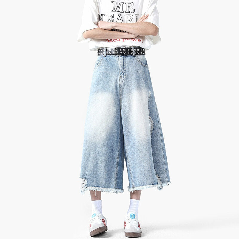 Light Blue Washed Ripped Denim Seven-Inch Loose Pants