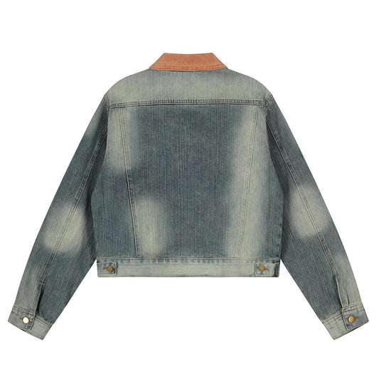 Vintage Washed Corduroy Collar Denim Jacket