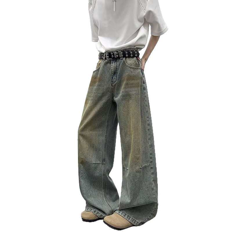 Vintage Distressed Dirty Blue Wide Leg Jeans - Premium Japanese Denim
