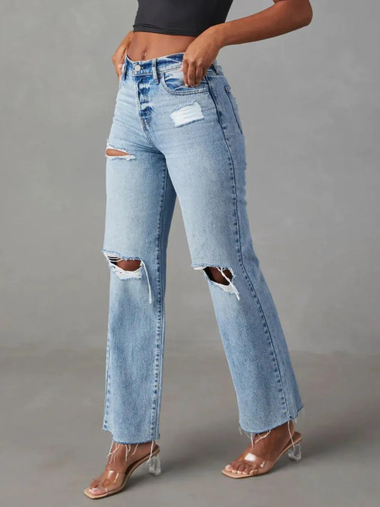Premium Distressed Straight Leg Jeans with Pockets