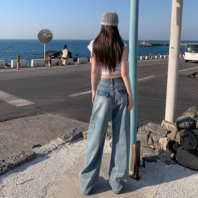 Women’s High-Drop Crotch Wide-Leg Workwear Denim Pants