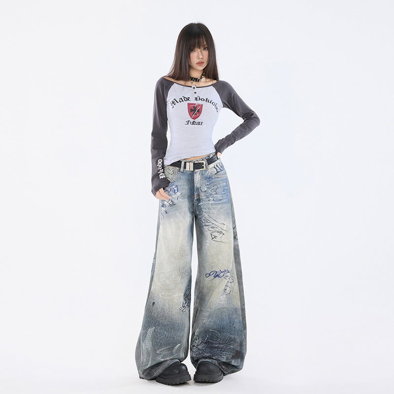 Graffiti Distressed Hand-painted Print Light Blue High Waist Wide Leg Jeans